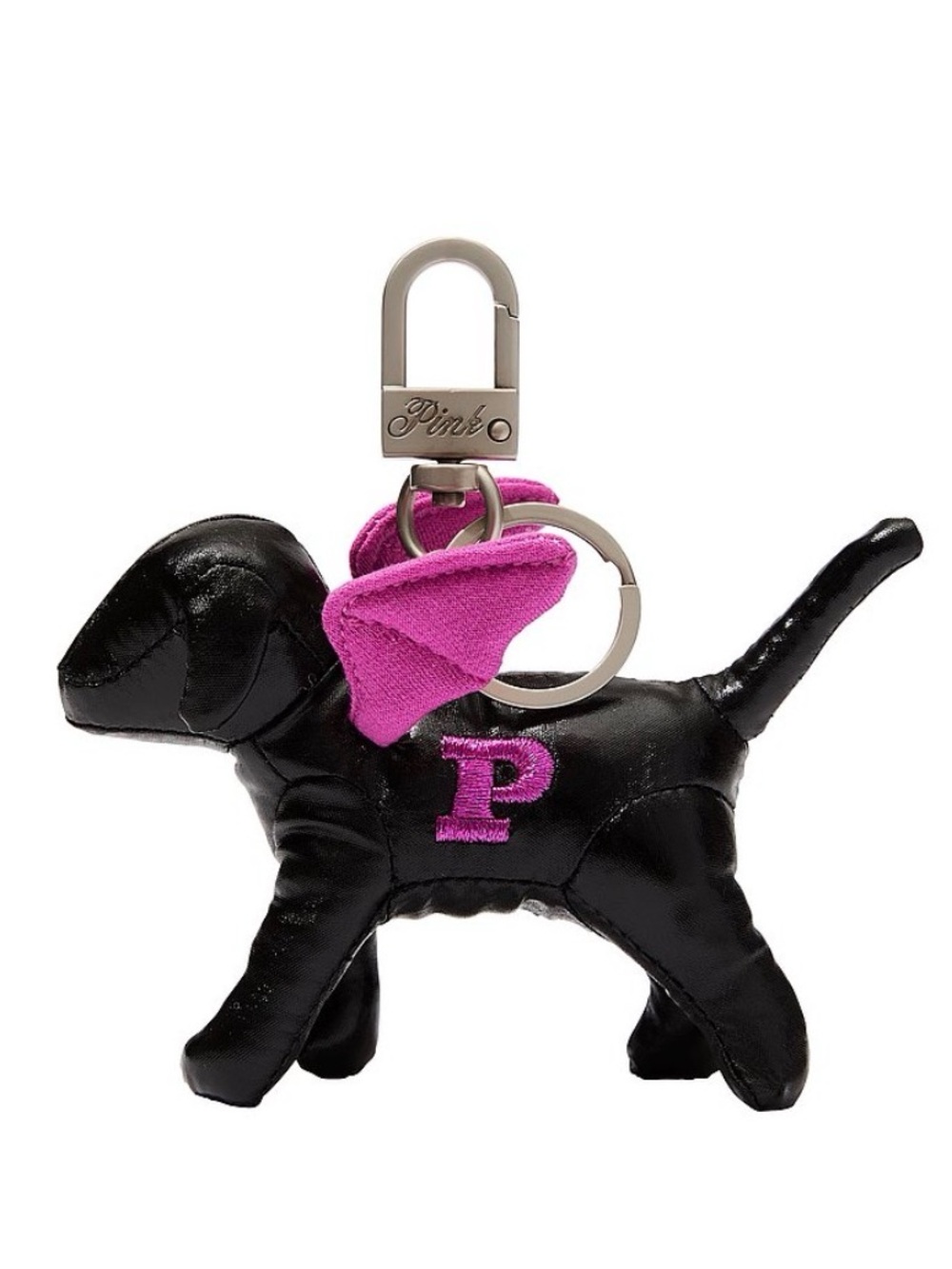 PINK Victoria's Secret Black Dog Keychain with Pink Bow and 'P' Patch
